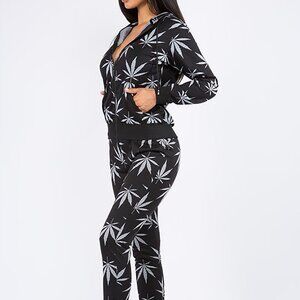2-Piece Set Leaf Weed Pattern Zip Up Hoodie & Joggers - BLACK/GRAY